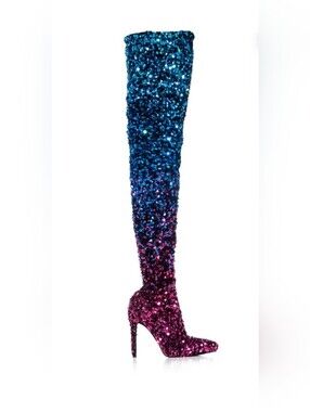 Sequin Over-the-Knee Stiletto Boot in Blue and Pink